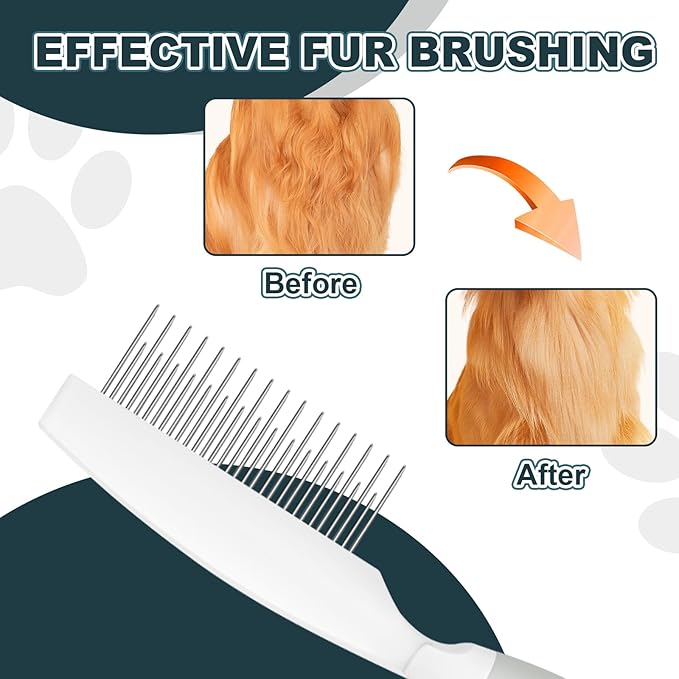 Premium Cat Comb - Professional Dog Comb with Dual-Length Stainless Steel Teeth & Ergonomic Silicone Handle - Versatile Comb for Long & Short Hair, Rabbits & More