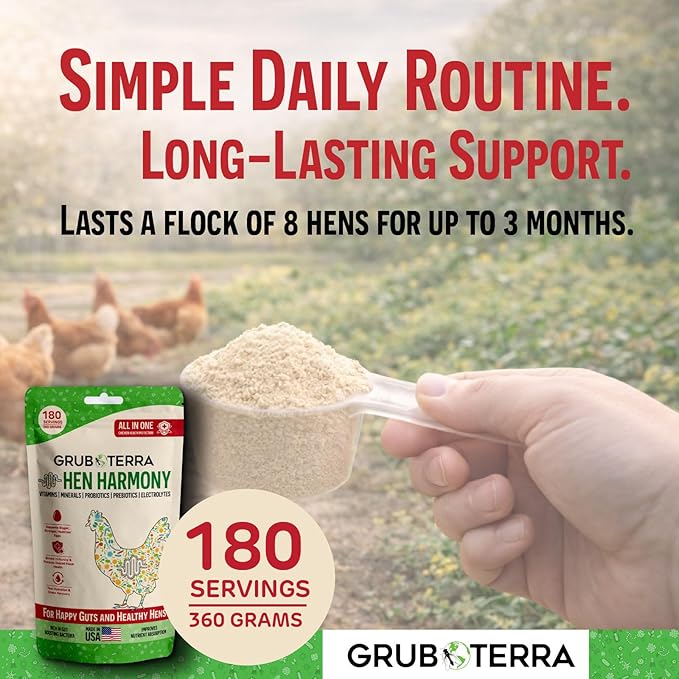GrubTerra Hen Harmony – All-in-One Chicken Electrolytes for Water with Probiotics & Prebiotics, Daily Gut Supplement and Vitamins Supporting Hydration, Digestion, Egg Production – 180 Servings