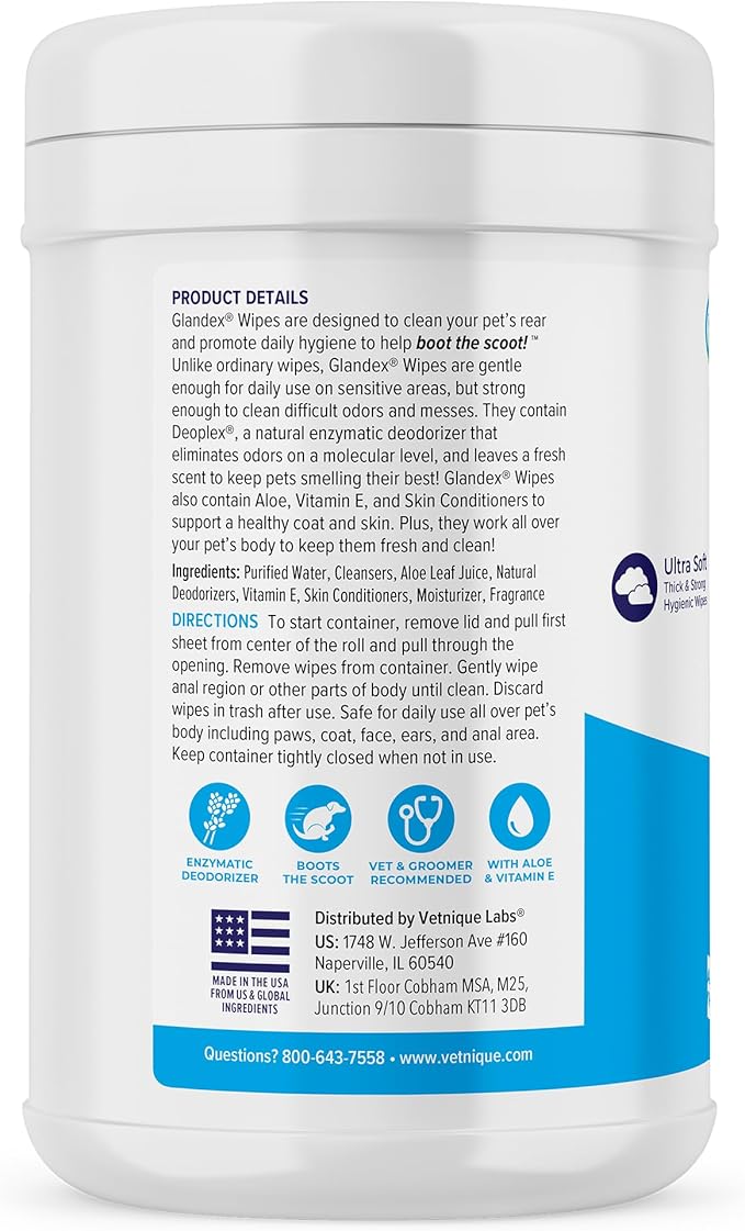 Vetnique Glandex Dog Wipes for Pets Cleansing & Deodorizing Anal Gland Hygienic Dog & Cat Wipes with Vitamin E, Skin Conditioners and Aloe (450ct)