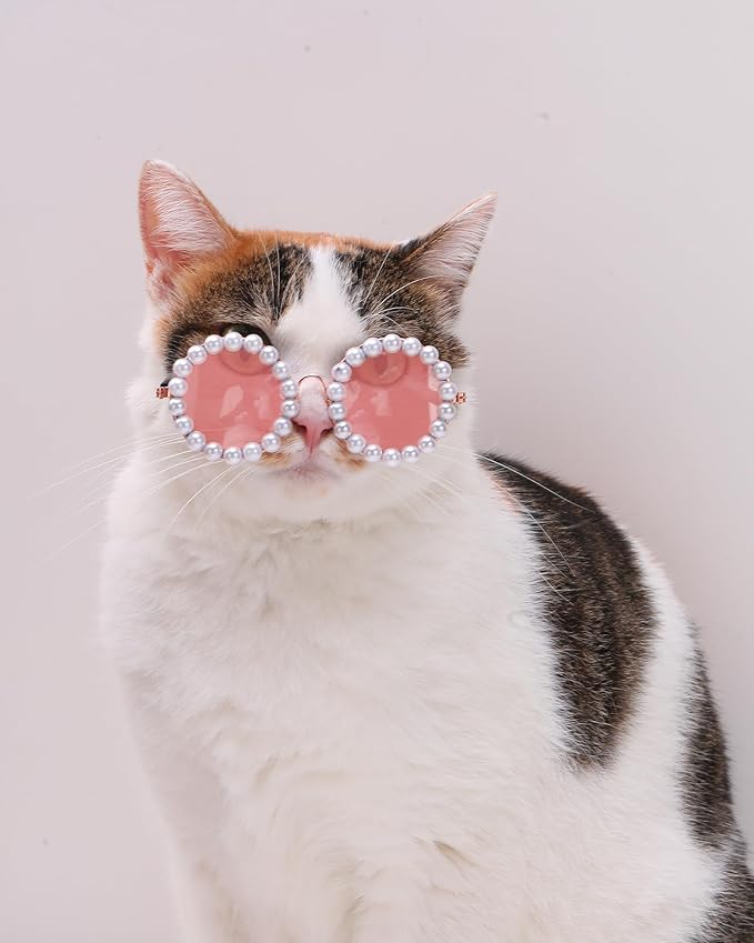 KUDES Cute Dog Sunglasses Pearl Cat Sunglasses Small Medium Breed Girl Holiday Party Pet Costume Accessories (Pink, Medium)