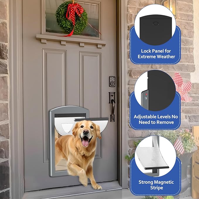 [Classicmacher] Dog Door for Large Dogs, Gray Frame Door for L arge Dogs, Strong Plastic Doggy Door and L arge Pets with Sliding Lock Panel and Magnetic Soft Flap (Large, Smoky Grey)