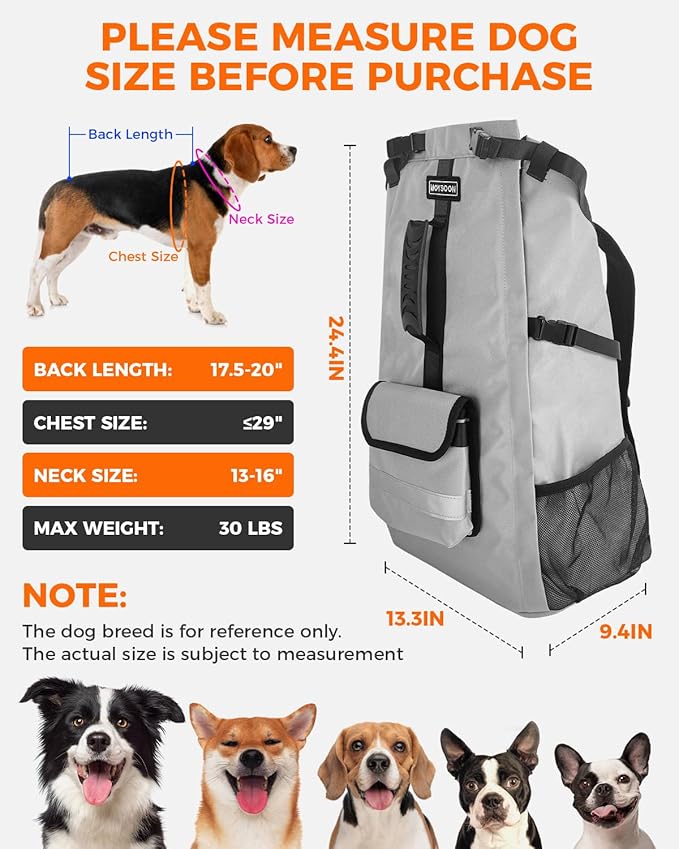 Dog Backpack Carrier for Medium Dogs - 4-Layer Protection, Under 30 lb, Waterproof, Adjustable Dog Travel Bag with Storage Pockets, Reflective Strips, Non-Slip Handle for Hiking - Grey