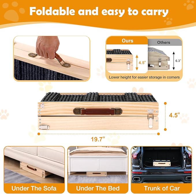 39" Long Dog Ramp for Bed, Couch & Car - 5 Level Adjustable Height (10.4" to 24.4"), Foldable Portable Wooden Pet Ramp with Non-Slip Surface, for Small & Old Dogs Up to 70 LBS