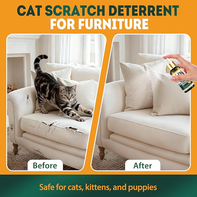 Cat Deterrent Spray, Natural Safe Cat Repellent Indoor and Outdoor, Cat Spray Deterrent for Urine Marking, Cat Scratch Deterrent Training Aid for Furniture Sofas Rugs, Anti Scratch for Cats, 5.07 oz