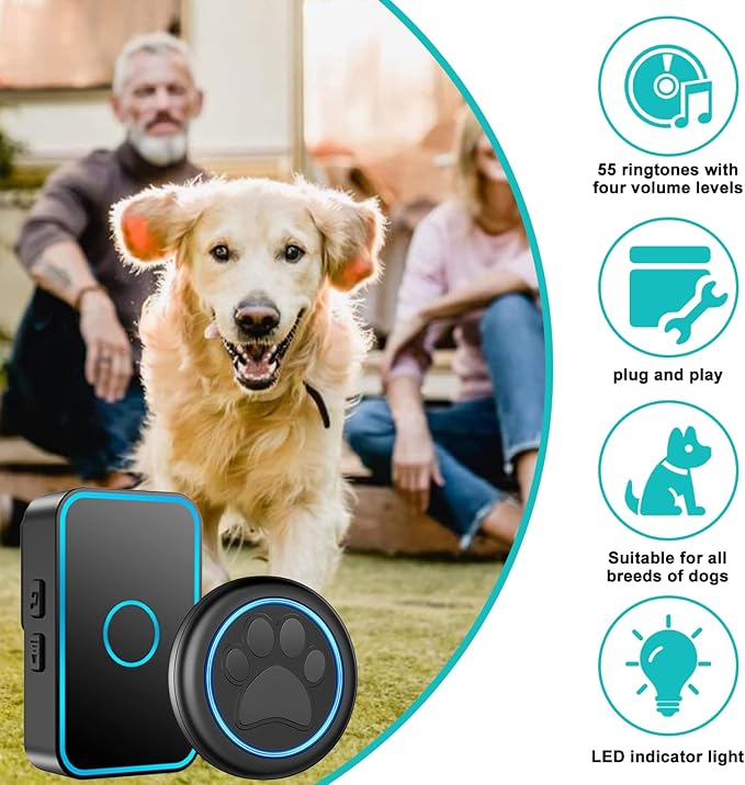 Dog Door Bell for Potty Training, Smart Wireless Doggie Doorbell to Go Outside, 1000 Feet Long Range with IP65 Waterproof Super-Light Touch Button, 60 Melodies & Adjustable Volume (2 Button)