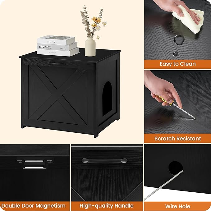 Dwanton Cat Litter Box Furniture Hidden, Cat Litter Box Enclosure, Reversible Entrance Can Be on Left or Right Side, Indoor Cabinet, Wooden Washroom, End Table, Nightstand, Black, 23.6" L