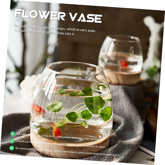 Sosoport 1set Decorative Glass Planter Wooden Base Unique Betta Fish Bowl Hydroponic Plants Container for Desktop Decor for Home Office Wedding Garden Settings