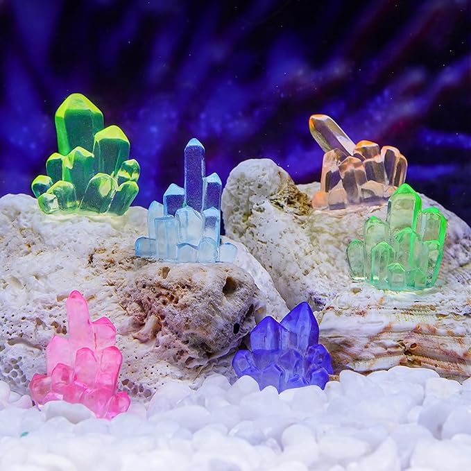 MIUPOO Glow Crystal,Betta Stones,Glow in The Dark Crystal,Bonsai Decor,Chips Stone Small Decorative,Fish Tank Decor,6 Colors,24 Pieces.