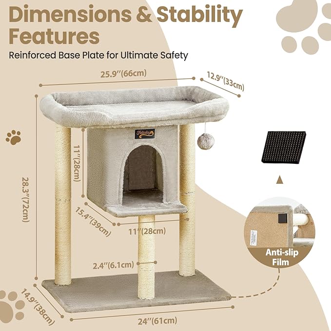 Cat Tree Tower Scratching Post for Indoor Large Cats, Small Cat Tree with Big Perch Bed, 28in Tall Trees House with Condo Cave, Toy Balls, Modern Climbing Furniture Platform for Kitten (Light Gray)