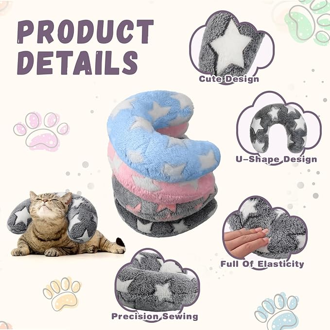 Sweetude 4 Pcs Pillows for Cats Puppy Bed Fluffy Pet Calming Soft Gifts Half Donut U Shaped Pet Neck Pillow Training Joint Relief Cervical Protection(Star,Medium)