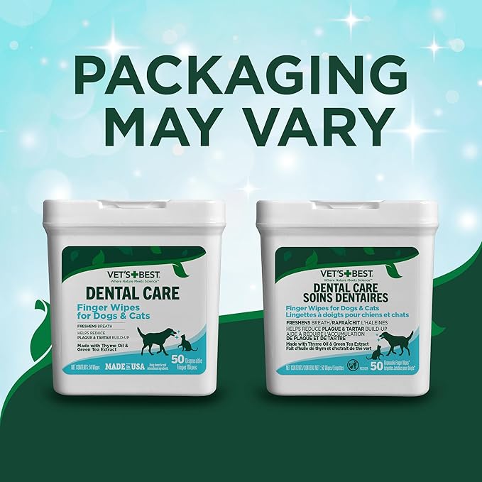 Vet's Best Finger Dental Wipes for Dogs & Cats–Oral Care Wipes for Teeth Cleaning, Fresh Breath, and Tartar Control – Gentle Finger Pads for Pet Dental Hygiene and Plaque Removal,50 Count(Pack of 2)