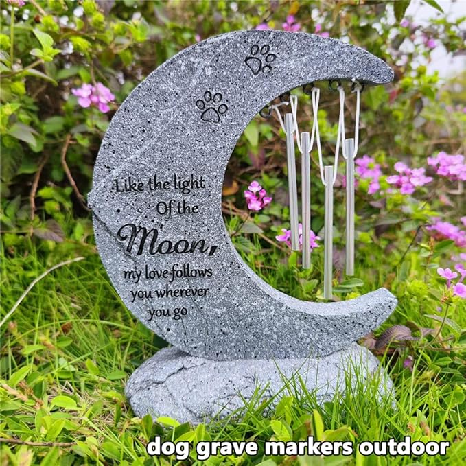 jinhuoba Moon Shaped Pet Memorial Stones for Dogs with Wind Chimes, Paw Prints Headstones Grave Stones for Loss of Pet Dog Memorial Gifts Sympathy Remembrance Gifts for Garden Backyard Patio or Lawn