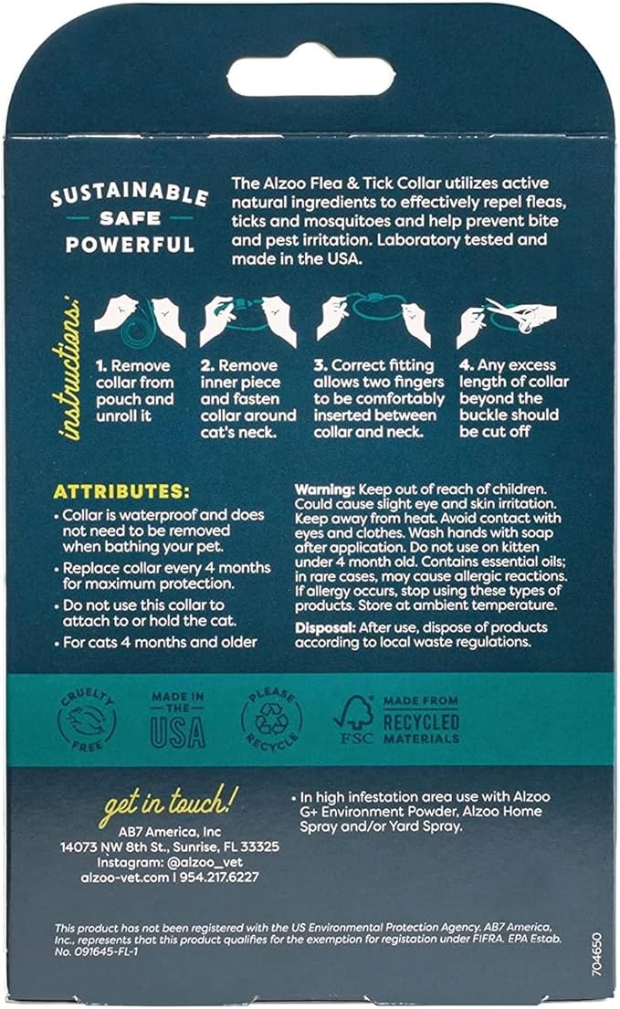 ALZOO Natural Flea & Tick Cat Collar, Helps Repel Fleas, Ticks & Mosquitoes, Plant-Based Active Ingredients, Phthalates and PVC Free, Up to 8 Months Protection, Pack of 3