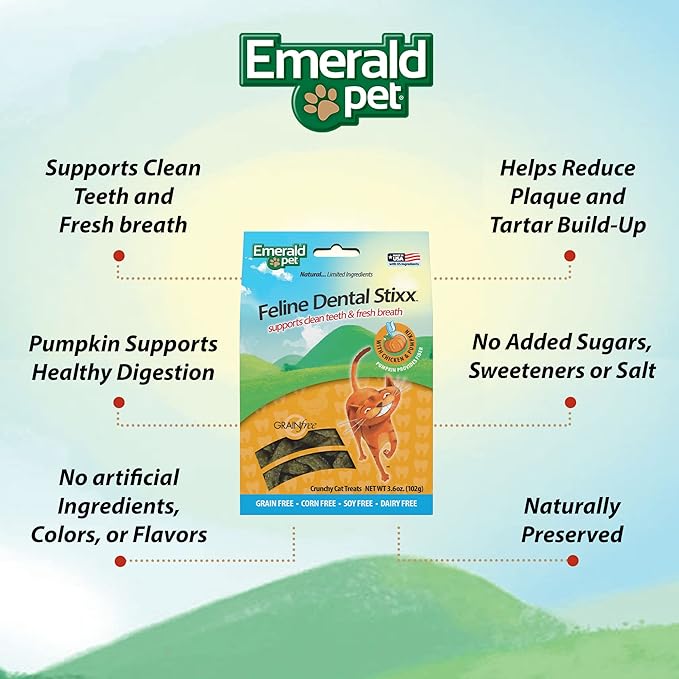 Emerald Pet Feline Dental Stixx — Tasty and Crunchy Cat Sticks with Pumpkin for Digestive Health — Natural Grain Free Treats for Clean Cat Teeth and Fresh Breath — Chicken Stixx, 3.6 oz