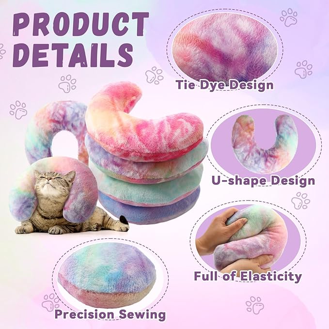 Sweetude 4 Pcs Pillows for Cats Puppy Bed Fluffy Pet Calming Soft Gifts Half Donut U Shaped Pet Neck Pillow Training Joint Relief Cervical Protection(Tie Dye,Medium)