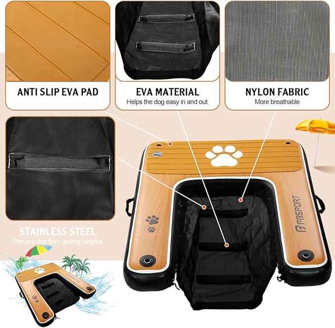 FBSPORT Inflatable Dog Boat Ramp Floating Dock Water Ladder for Pool, Boat, Non-Slip EVA Floating Ladder Pool Ramp for Dog Up to 220 LBs, Safe & Easy Access