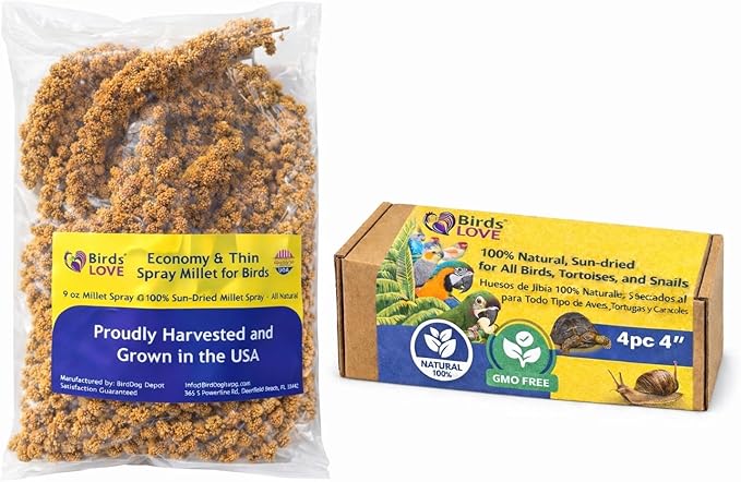 Farm to Feathers™ Bird Economy Millet & Cuttlebone Bundle – USA Grown Millet Sprays for Parakeets, Budgies, Cockatiels, Finches & Canaries – 9oz (Pack of 1) + 4” Cuttlebone (4 Pack)