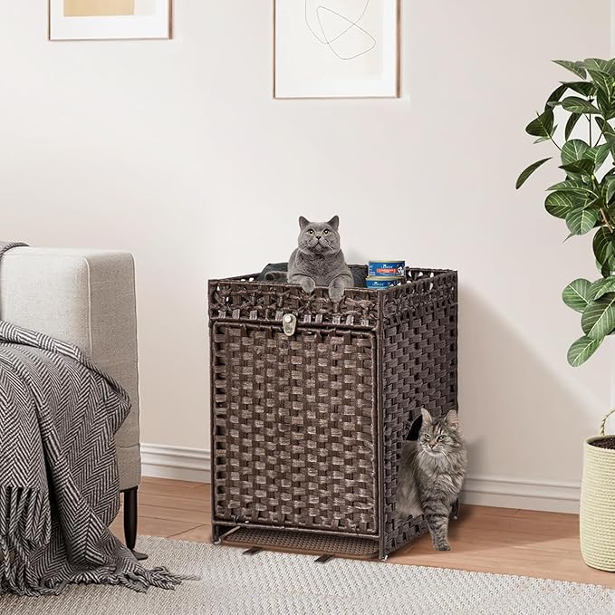 KOUSEI Handwoven Rattan Cat Litter Box Enclosure Furniture - Hidden Indoor Pet House with Door & Mat, Discreet Washroom Cabinet for Living Room and Bedroom, Brown