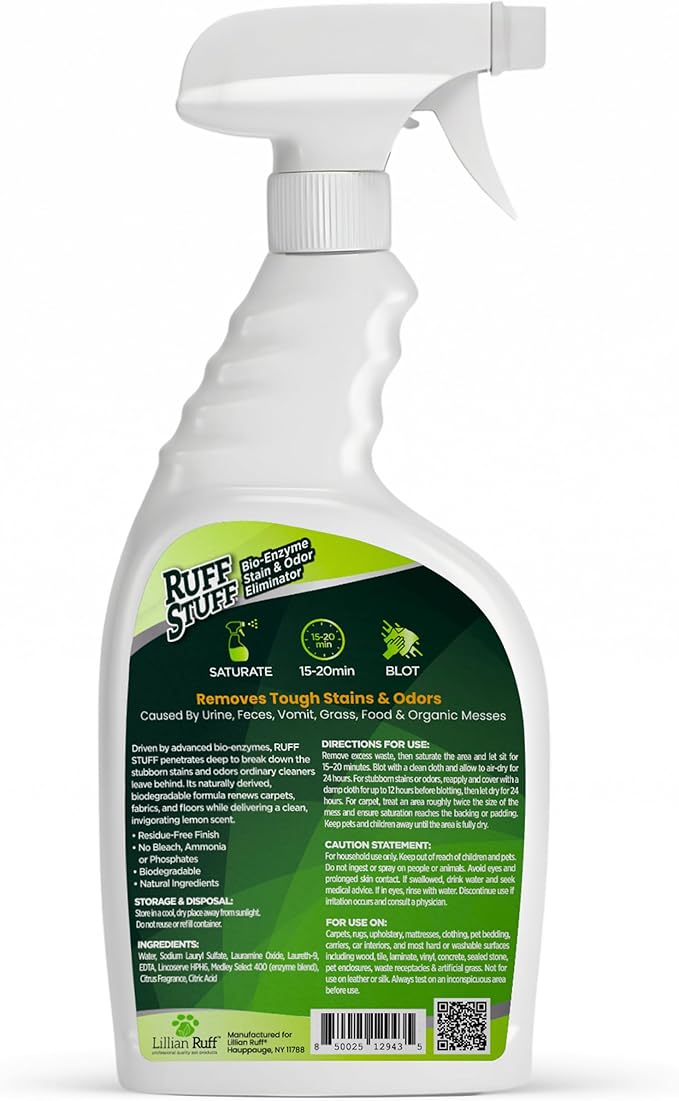 RUFF STUFF Max Strength BioEnzyme Stain Remover Spray & Pet Odor Eliminator: Fabric-Safe Dog & Cat Urine Destroyer & Enzyme Cleaner for Odor & Stain Causing Messes, Spills & Everyday Accidents, 32oz