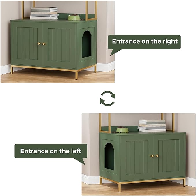 Homhedy Cat Litter Box Enclosure, Litter Box Furniture Hidden with 2-Tier Storage Shelves, Wooden Cat Washroom Furniture with Metal Frame, Modern Style, Green and Gold