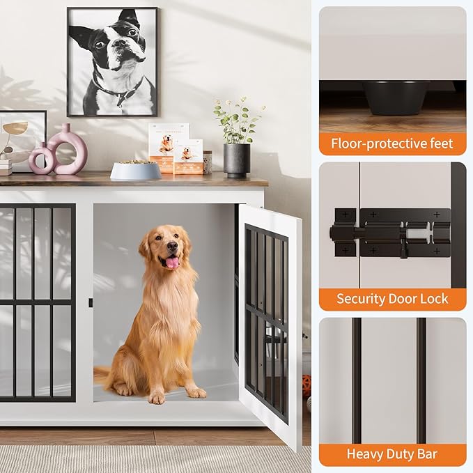 Dog Crate Furniture, 39.7" White Wooden Kennel, Heavy Duty Indestructible Dog Cage with Liftable Top Panel, Decorative Pet Crate House End Table TV Stand for Large Breed Medium Small High Anxiety Dogs