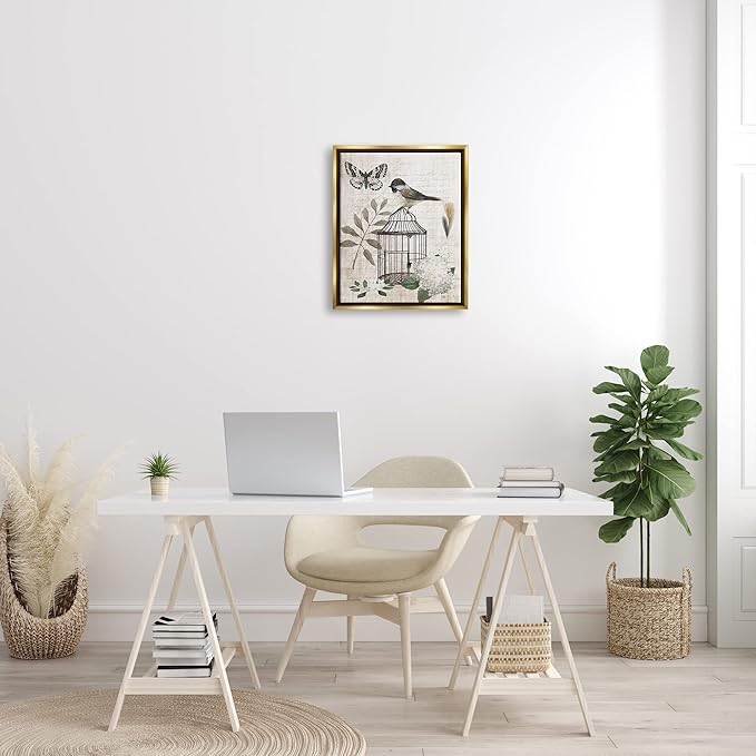 Stupell Industries Botanical Bird Cage Vintage Words Butterfly Motif Floating Framed Wall Art, Design By Nan