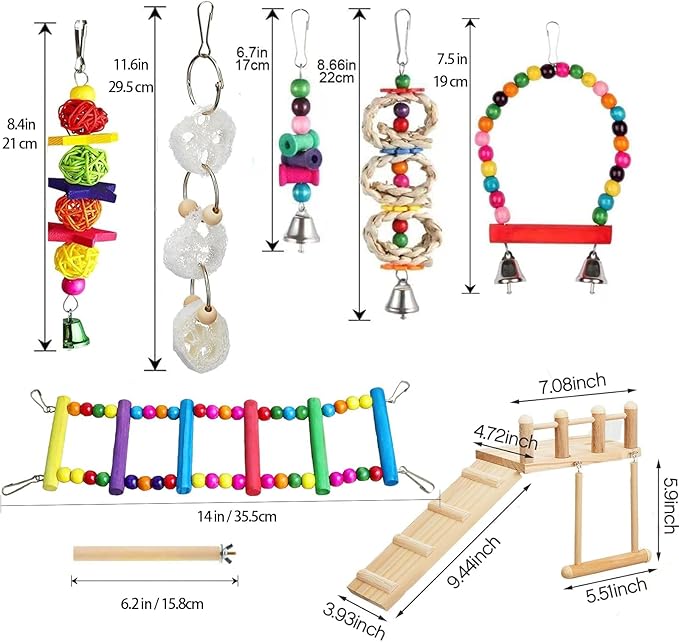 8Pcs Bird Parakeet Toys Bird Perches Platform with Climbing Ladder Colorful Standing Chewing Toy Bird Cage Toys for Budgerigar, Parakeet, Conure, Cockatiel, Mynah, Love Birds, Finches