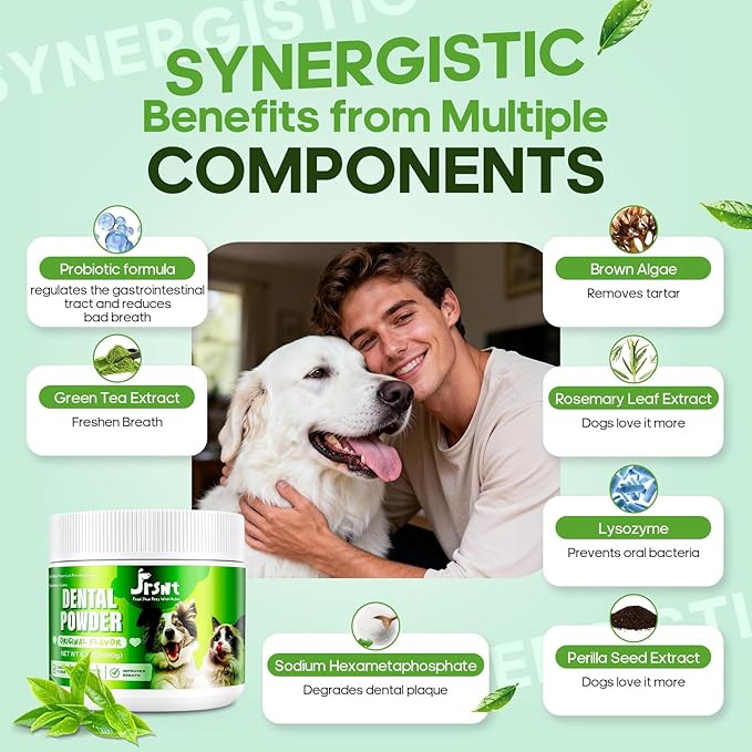 Dog Dental Powder, Dog Teeth Cleaning Powder, Natural Herbal Blend with 5 Probiotics and Lysozyme, Plaque Off Pet Tooth Cleaning, Bad Breath &Tartar Remover for Dogs All Breeds-180g