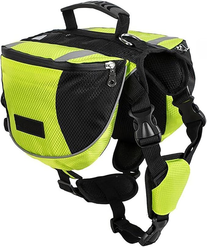 Polyester Dog Saddlebags Pack Hound Travel Camping Hiking Backpack Saddle Bag for Small Medium Large Dogs (Neon Green,L)