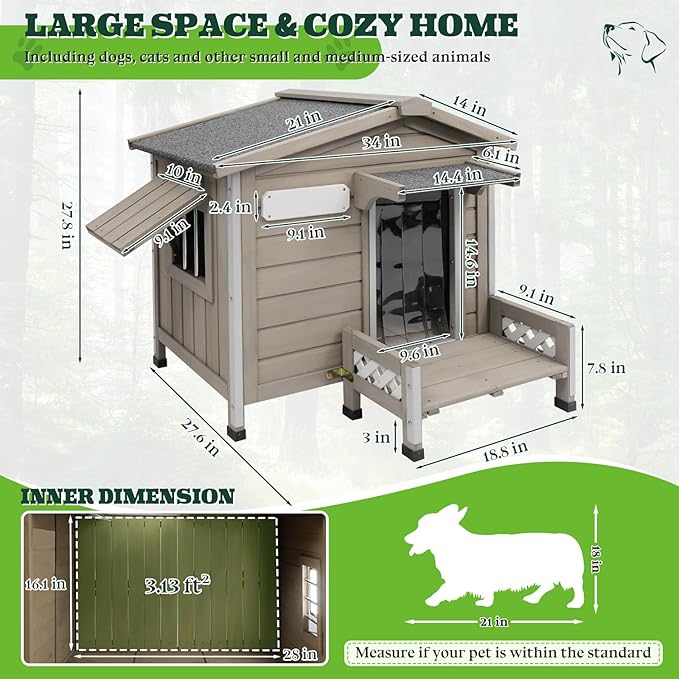 Dog House Outdoor Weatherproof & Wooden Indoor Dog Kennel with Chew-Proof Iron Frame，Removable Floor, Recreational Steps and Adjustable Window, Easy Assembly(Gray,34" L × 28" W × 28" H)