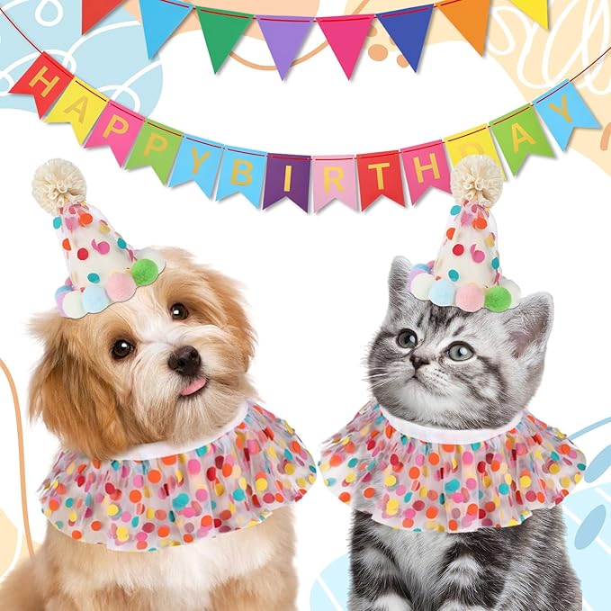 Cat Birthday Hat Outfit Bandana Scarf, Party Hat Dog Costumes Cute Lace Puppy Bib Scarf Party Decorations Set for Small Medium Cats & Doggy