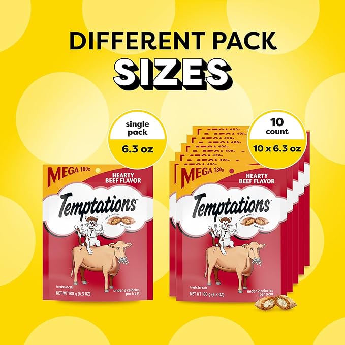Temptations Classic Soft Cat Treats, Hearty Beef Flavor, Crunchy Cat Treats, 6.3 oz. Pouch (Pack of 10)