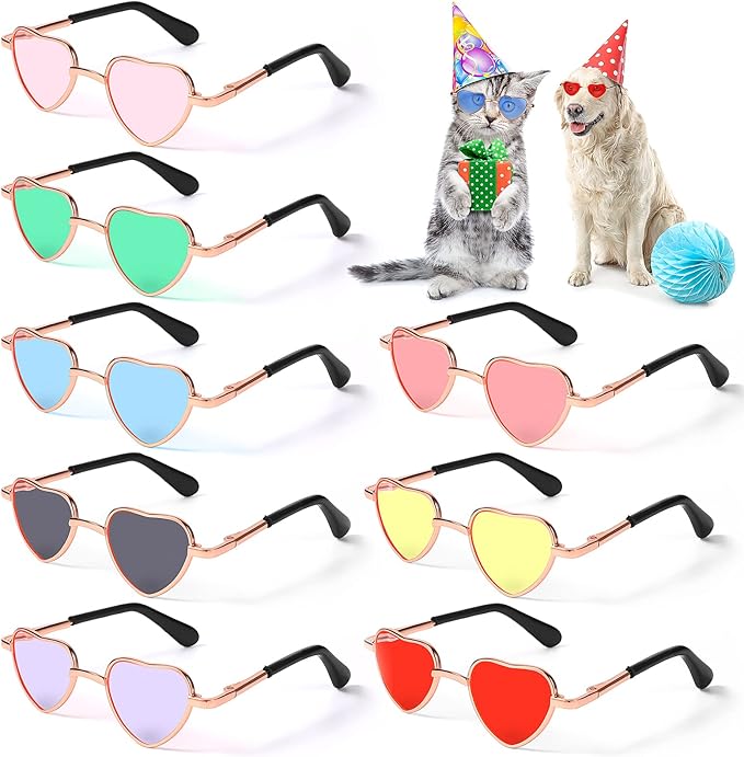 Konohan 8 Pcs Heart Dog Cat Sunglasses Metal Small Pet Sunglasses Funny Puppy Cosplay Glasses Cosplay Party Costume Photo Props