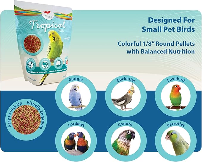 Scenic Tropical Bits Small Pet Bird Food - 1.75 lb Bag - 1/8" Bird Pellets - Complete Nutrition for Cockatiels, Budgies, Lovebirds, Conures & Lories