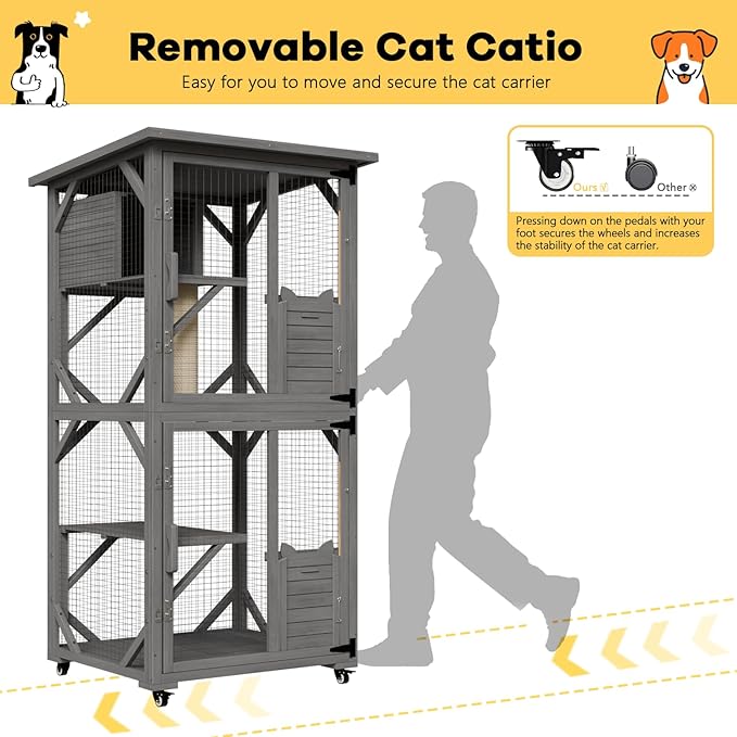 OFIKA Outdoor Catio Cat Enclosure with Waterproof Roof,Platforms,Upgraded Resting Box, 70.4’’cat Houses & Condos on Wheels for Outdoor Patio,Cat Window Box,Scratching Post（Grey0）