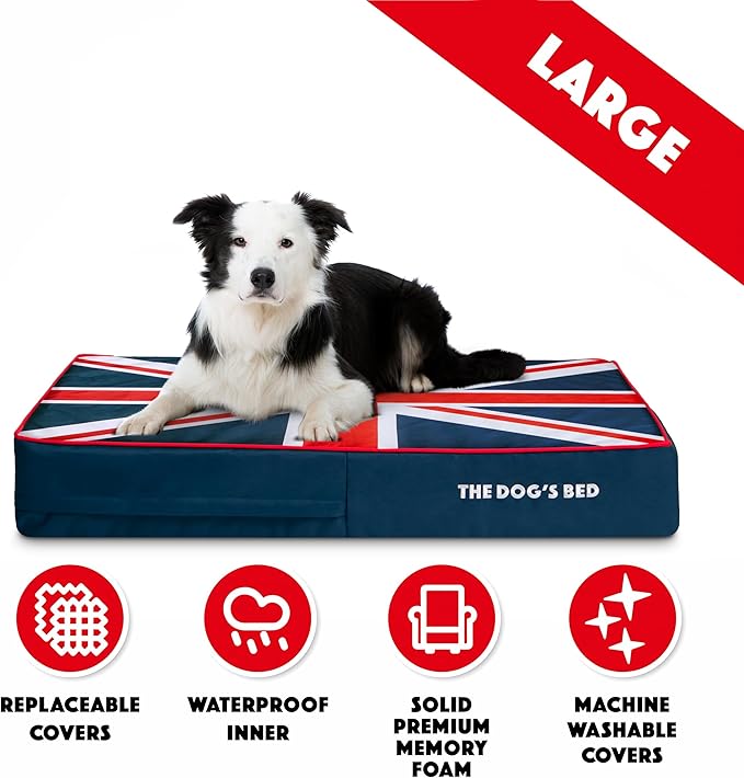 The Dog’s Bed Orthopedic Memory Foam Dog Bed Mattress, Oxford Fabric, Blue & Red Trim UK Center Flag, Large, 6-Inch