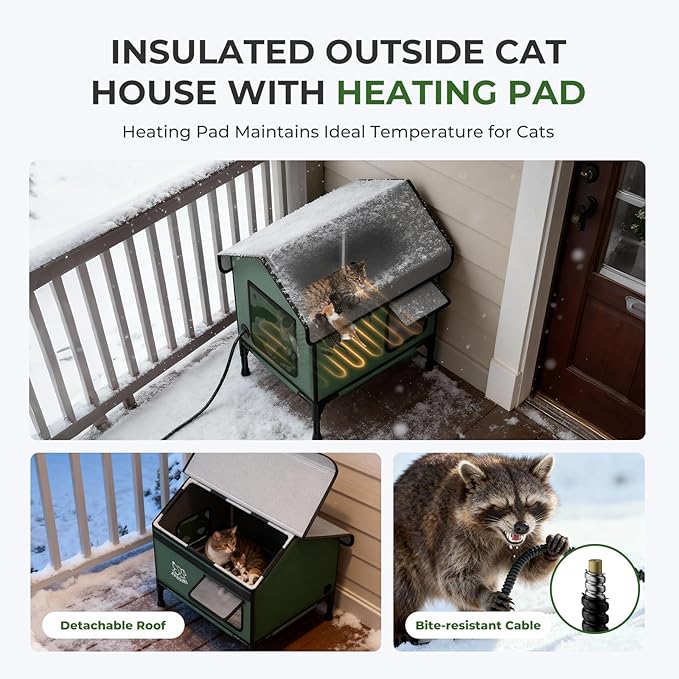 Apasiri Heated Cat House Weatherproof - Insulated Outdoor Cat Shelter with Thermostatic Heating Pad, Water Resistant 900D Oxford Feral Cat House with Anti-Peep Curtains Escape Door for Winter, Large