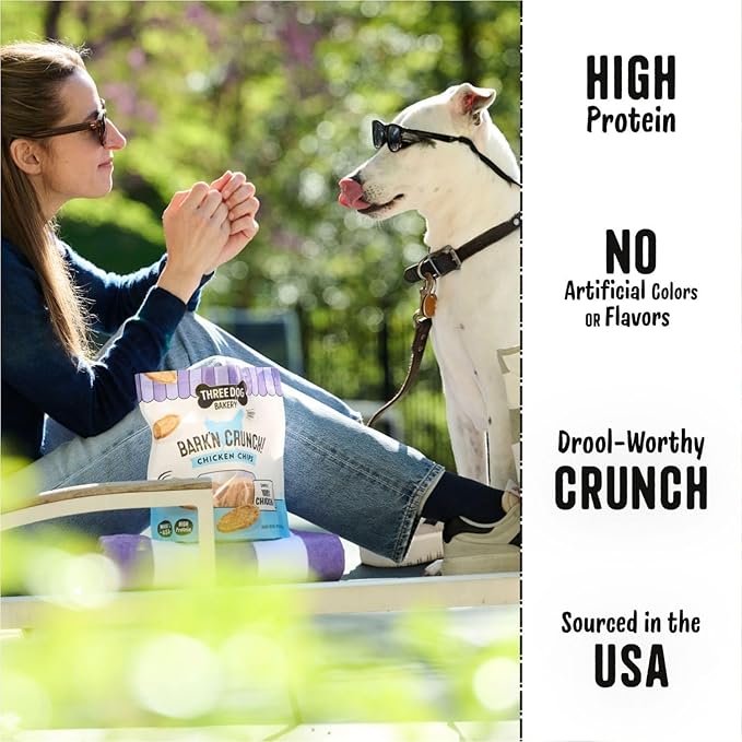 Three Dog Bakery Bark’N Crunch! Chicken Chips, Cheese Flavor, Crunchy Treat for Dogs, Two Ingredients, High Protein Snacks, No Artificial Flavors or Colors, Made in The USA, 3.8 oz.