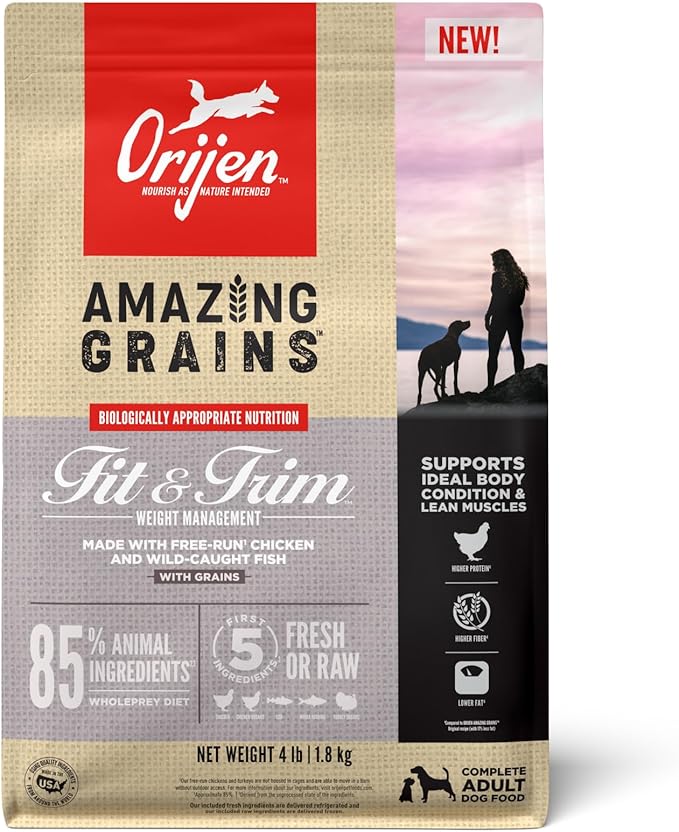ORIJEN Amazing Grains High Protein Dry Dog Food Fit & Trim Recipe 4lb Bag