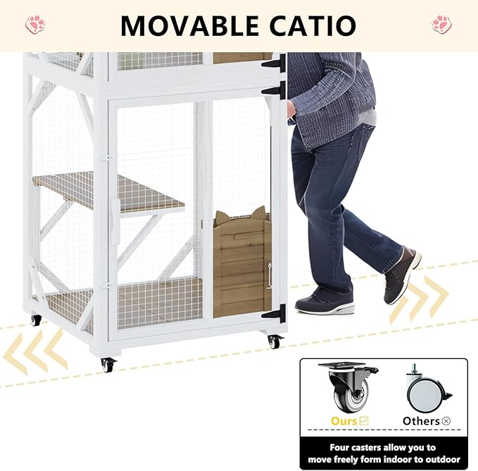 LEMBERI 71" Cat House Outdoor Catio Cat Enclosures on Wheels, Large Outside Patio Wooden Cat Cage Resting Box,Scratching Post, Waterproof Roof (White)