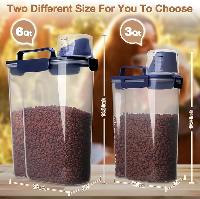 Dog Food Storage Container, 5-7 Lbs Airtight Pet Food Container, Cat food Container Dispenser with Portable Handle, Pouring Spout and a Collapsible bowl for Dogs Cats Navy Blue/6Qt