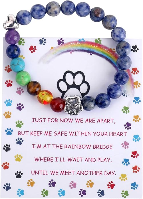 Pet Memorial Gifts, Rainbow Bridge Bracelet for Beloved Dog Cat, 8MM Mixed Color Bead 7 Chakra Memorial Bracelet for Women Men Who Lost Pets, Pet Sympathy Gift