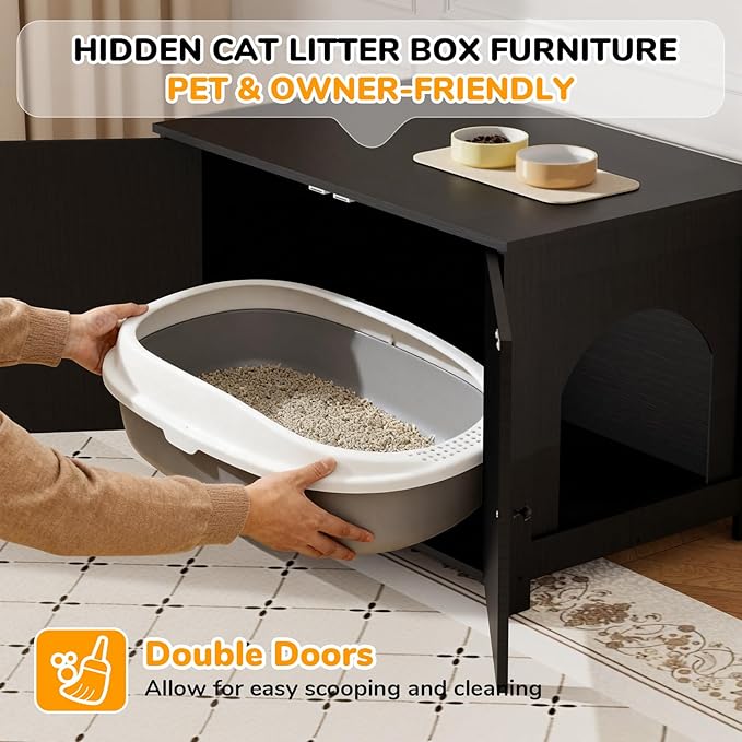 Cat Litter Box Enclosure Furniture Dog Proof, Hidden Kitty Washroom Cabinet Low Entry, Wooden Cat Boxes Enclosure Odor Control for Home, Farmhouse Style Decorative TV Stand with Storage, Black