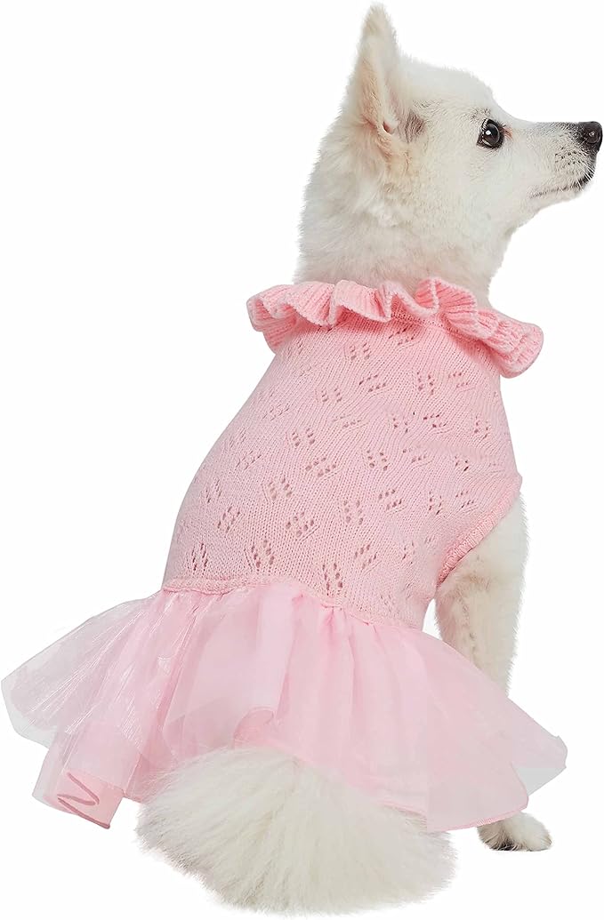 Blueberry Pet My Cutie Princess Ruffle Collar Dog Sweater Dress with Layered Tulle, Pink, Back Length 16", Fall Winter Clothes for Girl Dogs