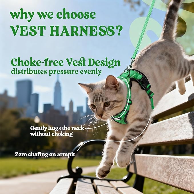 rabbitgoo Cat Harness and Leash for Walking, Escape Proof Soft Adjustable Vest Harnesses for Cats, Easy Control Breathable Reflective Strips Jacket, Grass Green,M