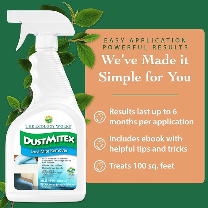 The Ecology Works DustmiteX Dust Mite Spray - Dust Mites Remover + Flea Killer for Allergy & Asthma Relief For Cleaning in Home, Bed, Pet Bedding, & Furniture, Anti Allergen Dust Mites Killer