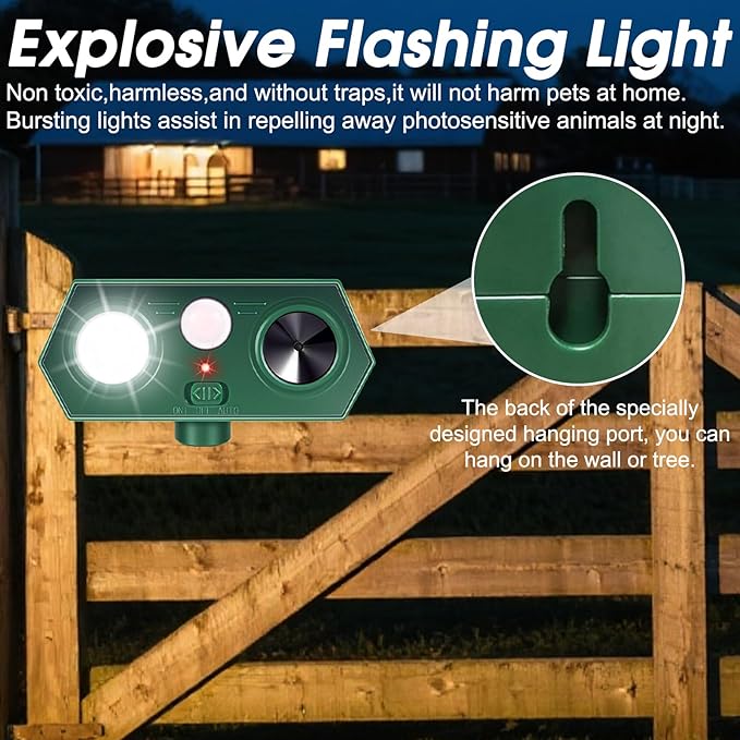 2025 Solar Ultrasonic Animal Repellent Sonic Fortress Pro Raccoon Repellent Cat Repeller Deer Deterrent with Flash Light Motion Sensor to Keep Squirrel Rabbit Dog Skunk Out of Garden Yard(4Pack)