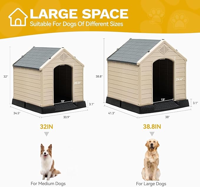 DWVO Plastic Dog House, Weatherproof Outdoor/Indoor Doghouse, Puppy Kennel with Air Vents and Elevated Floor
