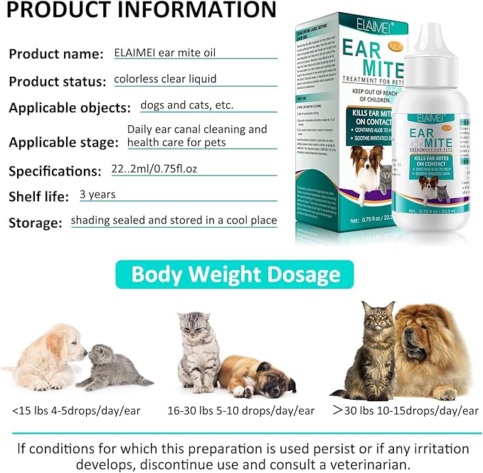 Ear Mites Clean for Dogs & Cat, with Aloe Vera, Cleaner on Contact & Soothes Itching, Vet-Recommended Formula for Pets Ear Cleaning, Fast-Acting