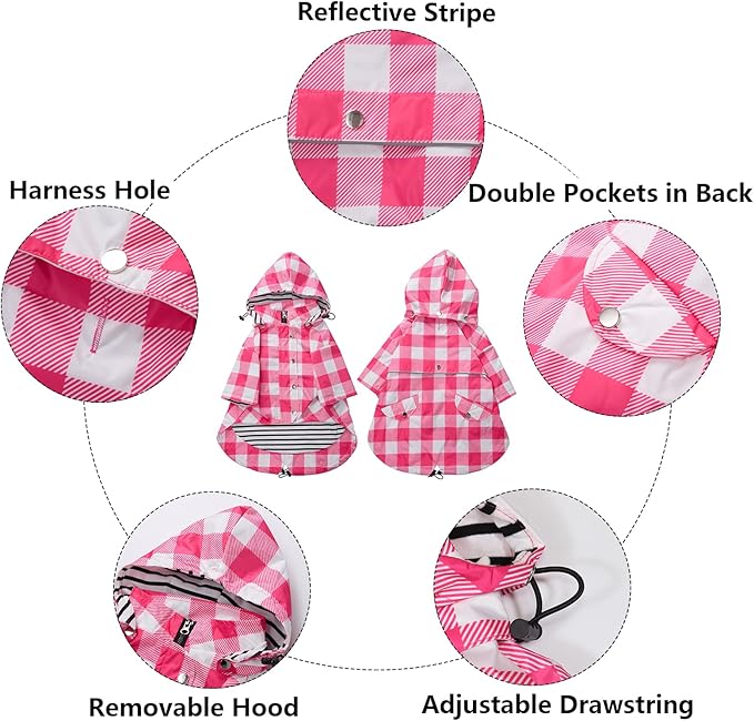 Dog rain Coat Waterproof Raincoat Puppy Jacket with Legs Buttons Zipper Hood Drawstring Fit for Yorkie Terrier Schnauzer Poodle Border Collie Labrador Golden Retriever 8lbs to 80lbs Pink XS